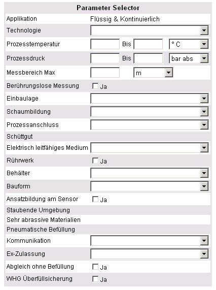 Oberfläche des Parameter-Selectors