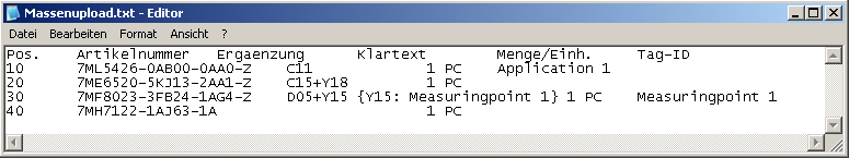 Beispiel für die Struktur einer .txt-Datei für den Massenupload