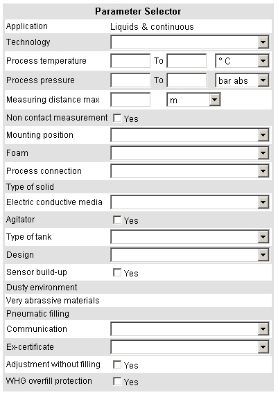 user interface of the parameter selector