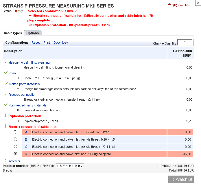 user interface of the configurator - with conflicts