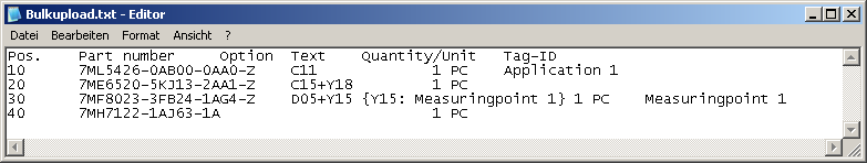 Example of the structure as .txt-file for the bulk upload